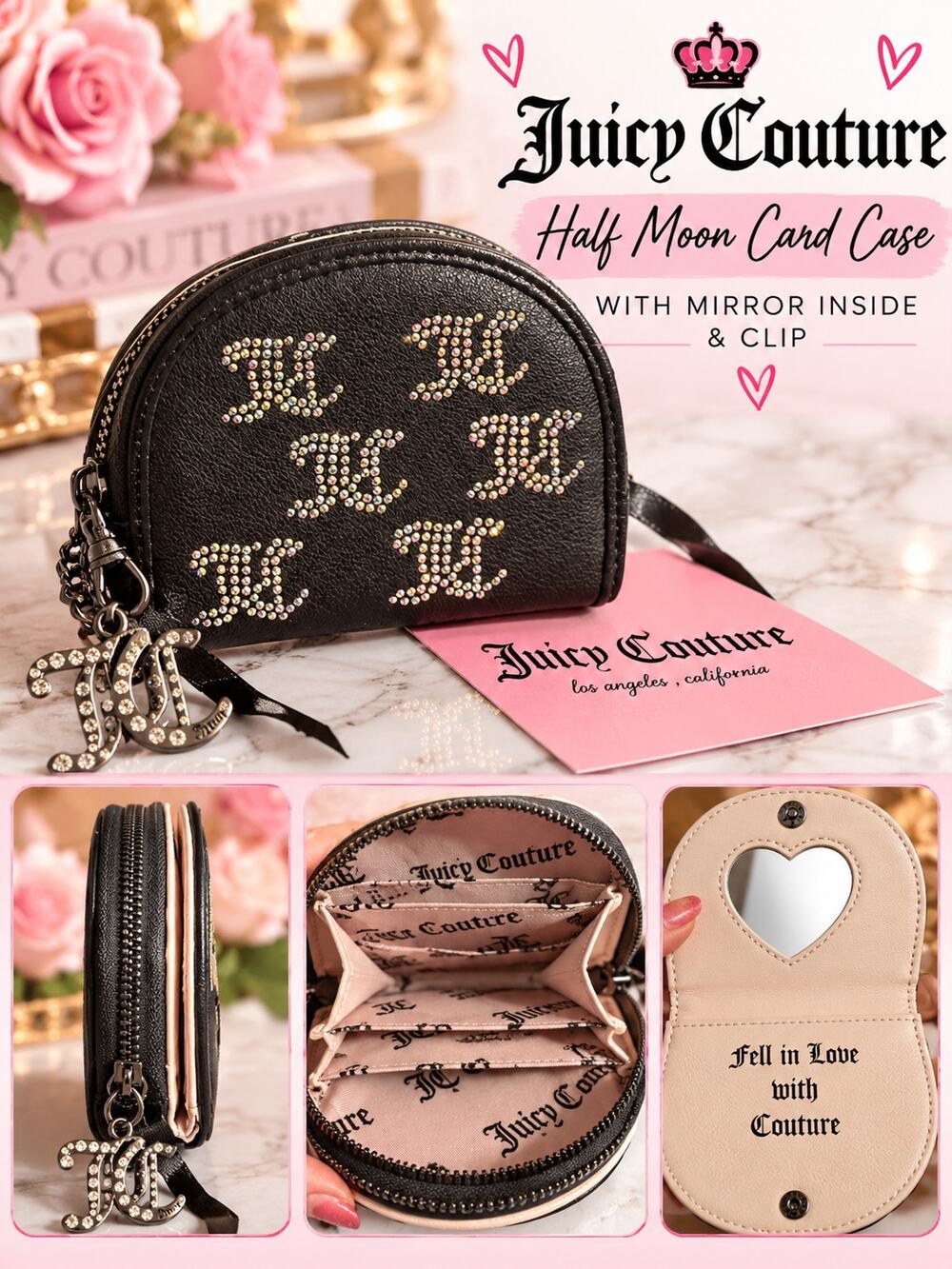 Juicy Couture Half Moon Card Case with Mirror Inside and Clip NWT
